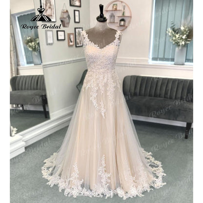 Vinatge Lace Appliques A Line V Neck Wedding Dress for Women Backless Lace Up Back Bridal Gown Sweep Train abito da sposa