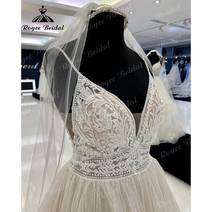 Roycebridal Vinatge Lace Champagne Plunging Backless Summer Wedding Dress for Women Spaghetti Straps Wedding Gown Trouwjurk robe de mariee