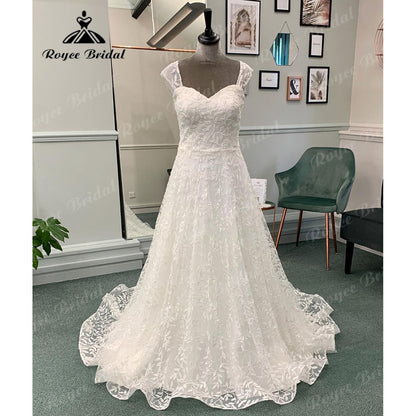 Vinatge Off Shoulder Full Lace Sweetheart Neck Wedding Dress for Bride  Wedding Gown with Detachable Cap Sleeve Roycebridal