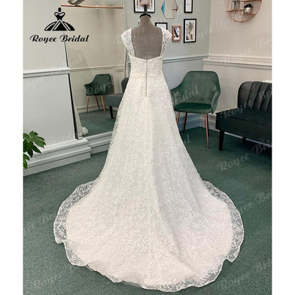 Vinatge Off Shoulder Full Lace Sweetheart Neck Wedding Dress for Bride  Wedding Gown with Detachable Cap Sleeve Roycebridal