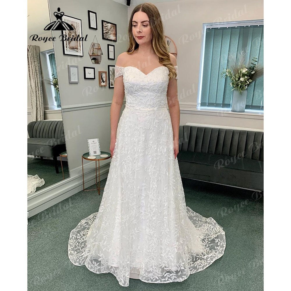 Vinatge Off Shoulder Full Lace Sweetheart Neck Wedding Dress for Bride  Wedding Gown with Detachable Cap Sleeve Roycebridal