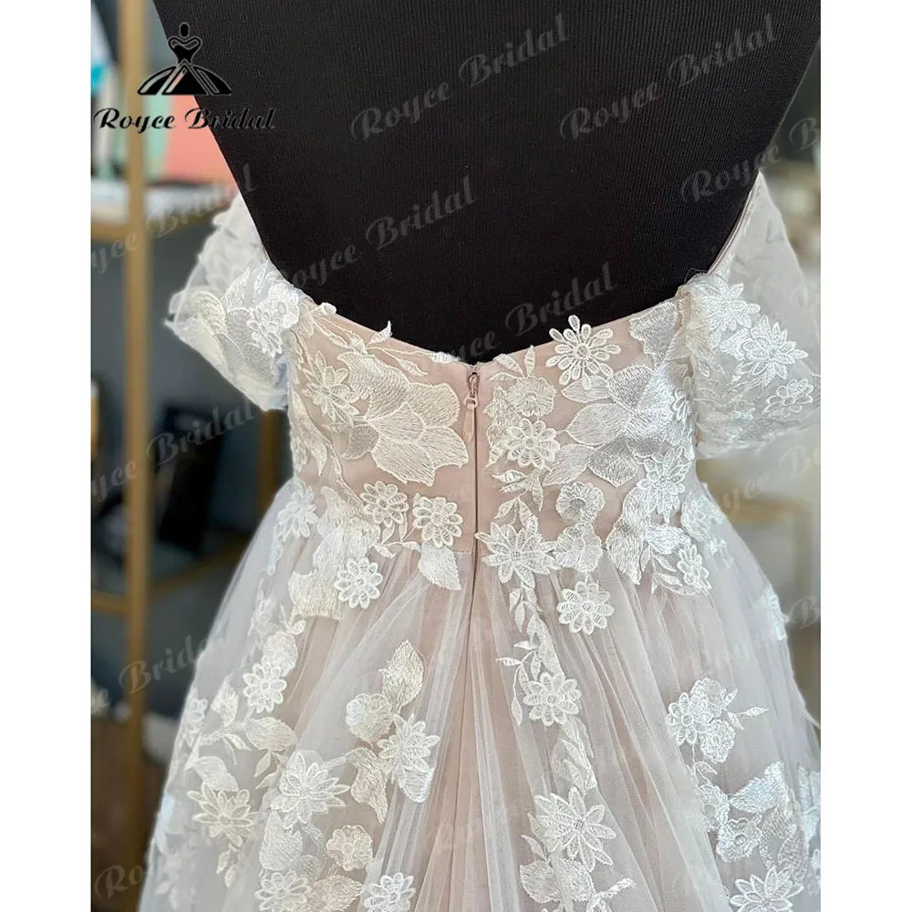 Vinatge Off Shoulder Lace Floral Blush Pink Backless Wedding Dress for Bride 2024 Wedding Gown Custom Made Women hochzeitskleid