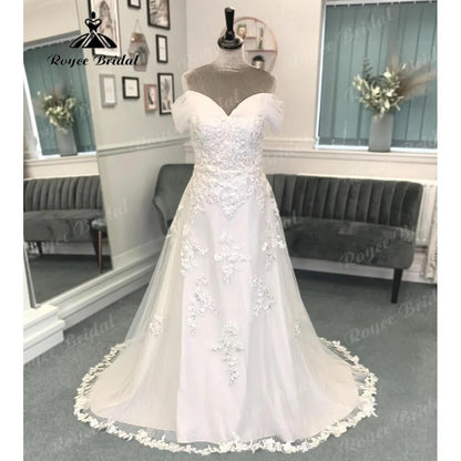 Vinatge Off Shoulder Wedding Dress with Cap Sleeve Lace Applique  Bridal Gown for Women Sweep Train suknia slubna Roycebrida