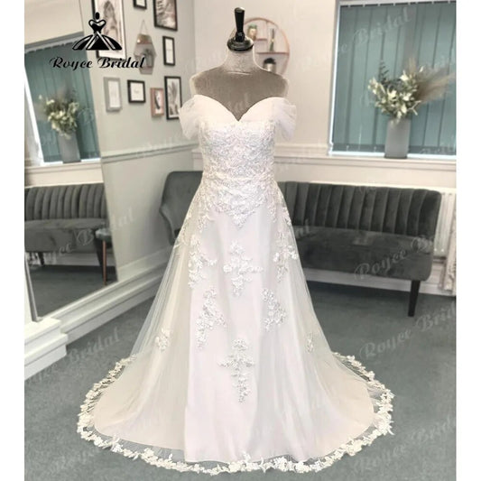 Vinatge Off Shoulder Wedding Dress with Cap Sleeve Lace Applique 2024 Bridal Gown for Women Sweep Train suknia slubna Roycebrida