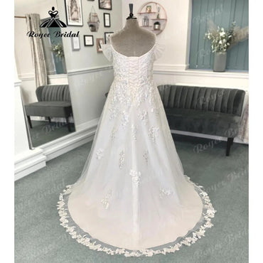 Vinatge Off Shoulder Wedding Dress with Cap Sleeve Lace Applique 2024 Bridal Gown for Women Sweep Train suknia slubna Roycebrida