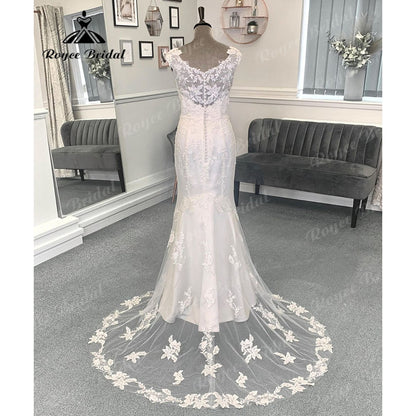 Vinatge Scoop Neckline Cap Sleeve Wedding Gown for Women  Bridal Wedding Dress Sweep Train vestido branco sereia Roycebridal