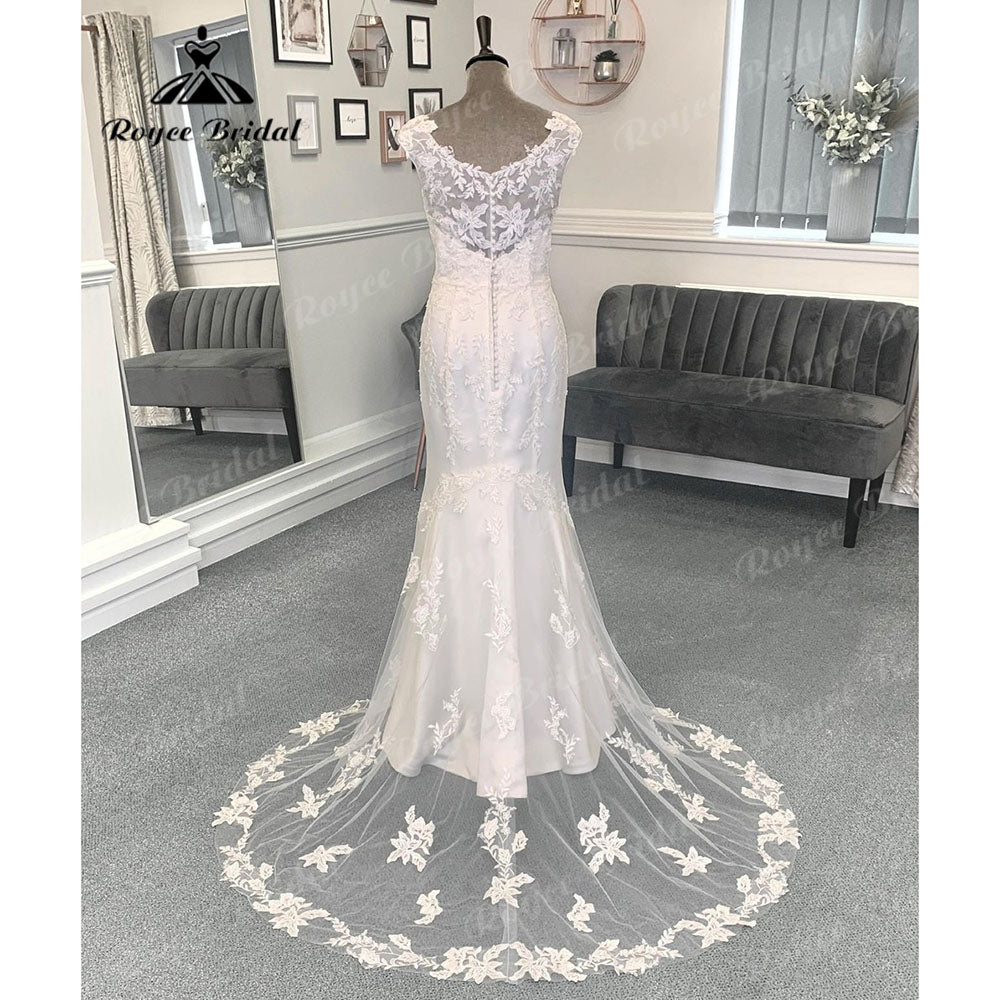 Vinatge Scoop Neckline Cap Sleeve Wedding Gown for Women 2024 Bridal Wedding Dress Sweep Train vestido branco sereia Roycebridal