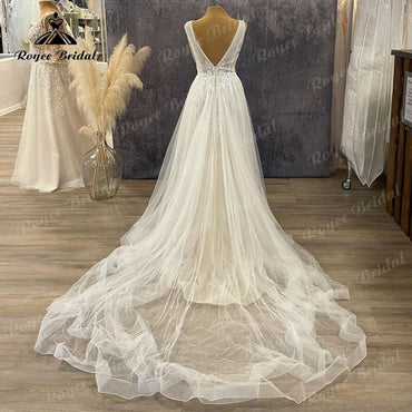 Roycebridal Vinatge V Neck A Line Boho Lace Appliques Wedding Dress Backless 2025 Vestidos Robe Civil Tulle Robe De Mariée Elegant Beach