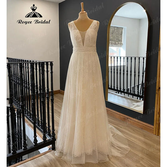 Vintage Beach Tank Lace Boho Sleeveless Wedding Gown for Women 2024 Bridal V Neck Wedding Dress vestido longo festa de casamento