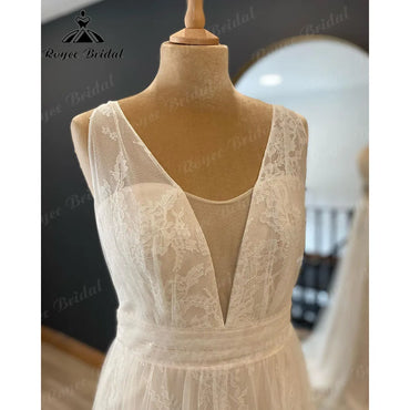 Vintage Beach Tank Lace Boho Sleeveless Wedding Gown for Women 2024 Bridal V Neck Wedding Dress vestido longo festa de casamento