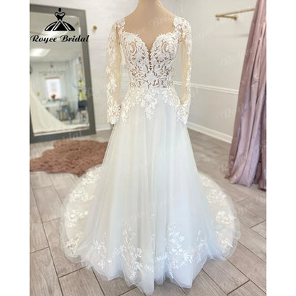 Vintage Boho Lace Long Sleeve Open Back Wedding Gown for Women 2024 Appliques Wedding Dress with V Neck Bridal Gown Custom Made