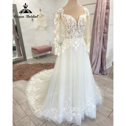 Vintage Boho Lace Long Sleeve Open Back Wedding Gown for Women 2024 Appliques Wedding Dress with V Neck Bridal Gown Custom Made