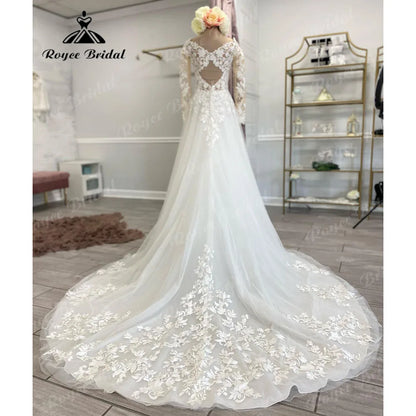 Vintage Boho Lace Long Sleeve Open Back Wedding Gown for Women 2024 Appliques Wedding Dress with V Neck Bridal Gown Custom Made