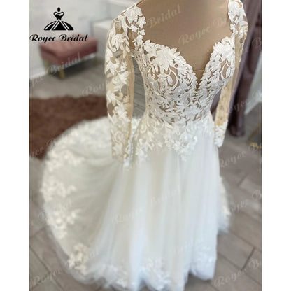 Vintage Boho Lace Long Sleeve Open Back Wedding Gown for Women 2024 Appliques Wedding Dress with V Neck Bridal Gown Custom Made