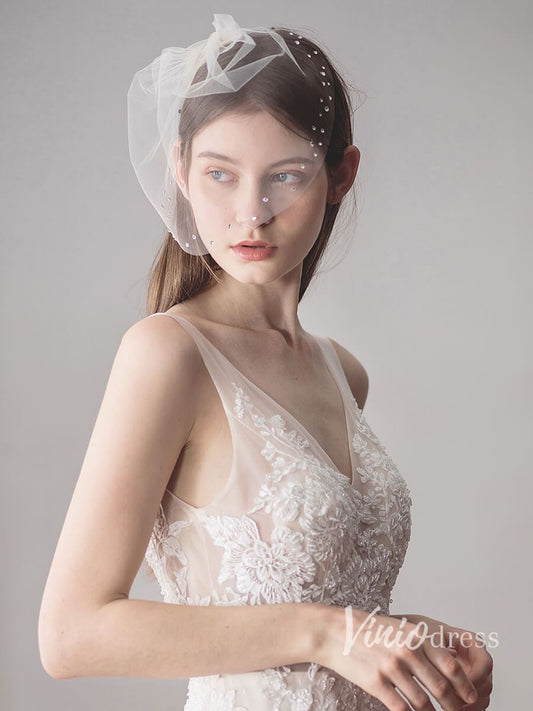 Vintage-Inspired Birdcage Veils with Tiny Crystals Blusher Veil ACC1081-Veils-Viniodress-Ivory-Viniodress