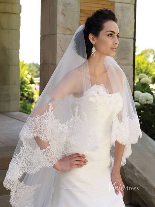 Vintage Lace Appliqued Long Veil with Blusher Viniodress-Veils-Viniodress-Ivory-Viniodress