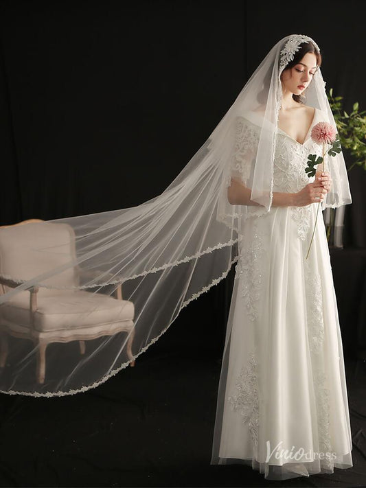 Vintage Lace Floor Length Bridal Veil Viniodress AC1303-Veils-Viniodress-Ivory-Viniodress