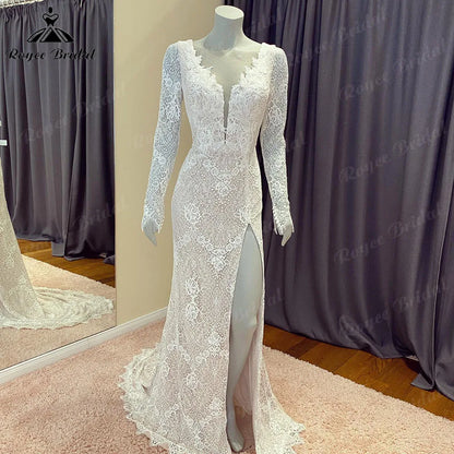 Roycebridal Vintage Lace Long Sleeve Split Side Women Mermaid Wedding Dress with V Neck 2024 Chic Bridal Gown Robe de mariee Roycebridal