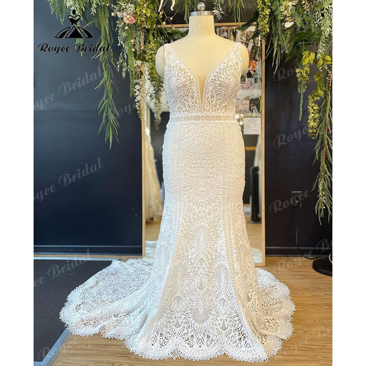 Roycebridal Vintage Plunging V Neck Lace Mermaid Boho Wedding Dress for Women 2025 Bridal Gown Floor-Length robe mariée sirene Roycebridal