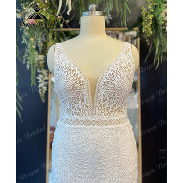 Roycebridal Vintage Plunging V Neck Lace Mermaid Boho Wedding Dress for Women 2025 Bridal Gown Floor-Length robe mariée sirene Roycebridal