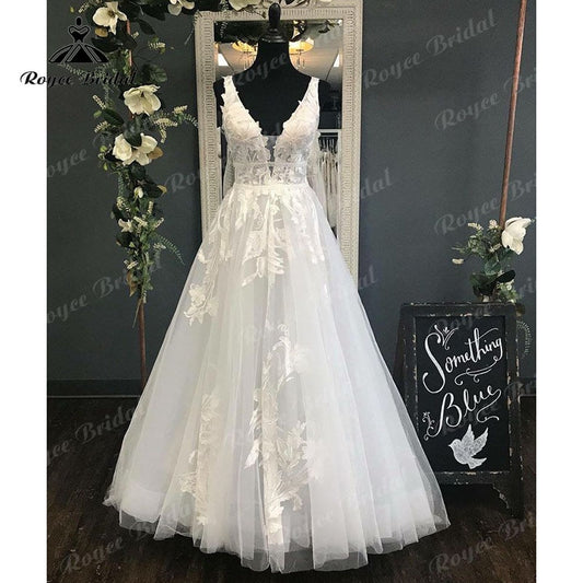 Roycebridal BRIDE,BRIDE EXPLORE All Wedding Dresses,BRIDE EXPLORE Custom Wedding Dresses 👗,BRIDE EXPLORE Plus SizeVintage Robe Civil Tank Sleeveless Wedding Dress Open Back V Neck Lace Appliques Sweep Train Wedding Gowns Abito Da Sposa 2022