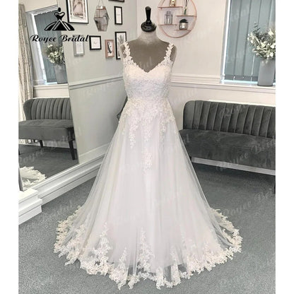 Vintage Spaghetti Straps Lace Appliques Wedding Dress with V Neck Backless Bridal Gown Women robe de soirée de mariage Sexy