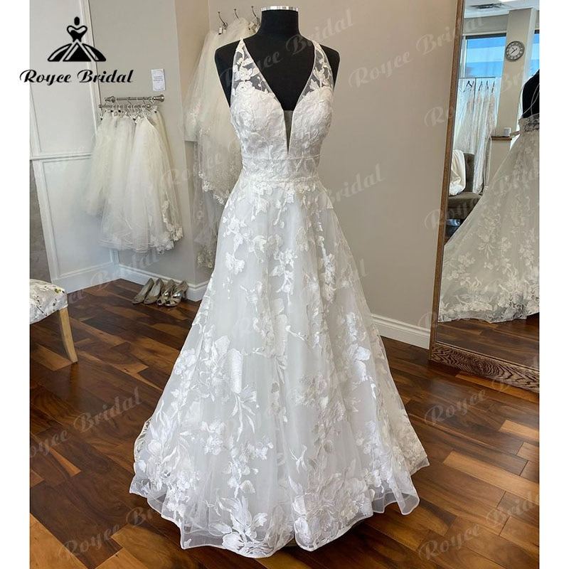 Roycebridal Vintage V Neck Lace Wedding Dress Backless Sweep Train 2025 Boho Sleeveless Elegant Bridal Beach Wedding Gown Vestidos Novias