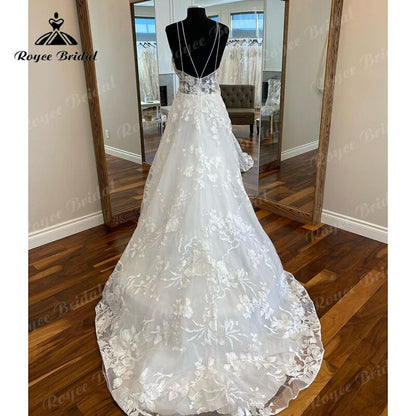 Roycebridal Vintage V Neck Lace Wedding Dress Backless Sweep Train 2025 Boho Sleeveless Elegant Bridal Beach Wedding Gown Vestidos Novias