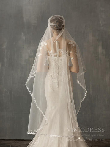 Vintage Waltz Length Bridal Veil with Leaf AC1240-Veils-Viniodress-Ivory-Viniodress