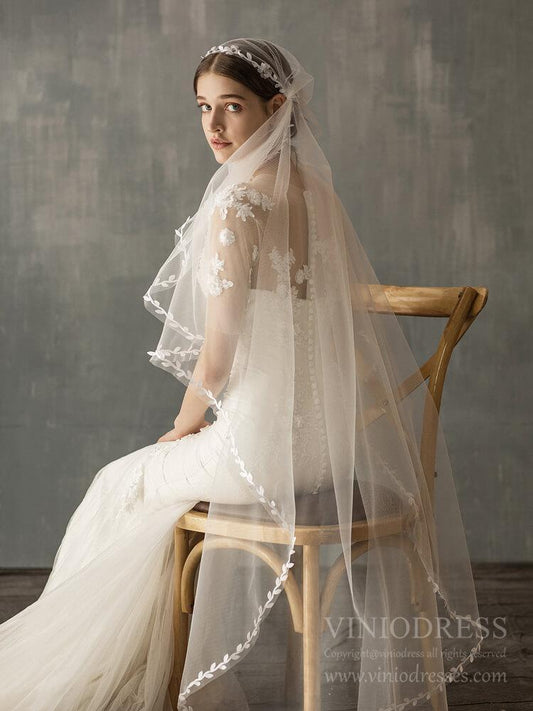 Vintage Waltz Length Bridal Veil with Leaf AC1240-Veils-Viniodress-Ivory-Viniodress