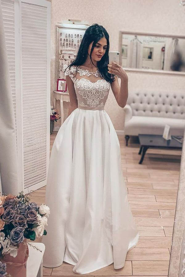 ​Vintage A-line Satin Lace Bodice Bateau Neck Corset Back Wedding Dresses, MW747 | satin wedding dresses | lace wedding dress | wedding gowns | www.musebridals.com