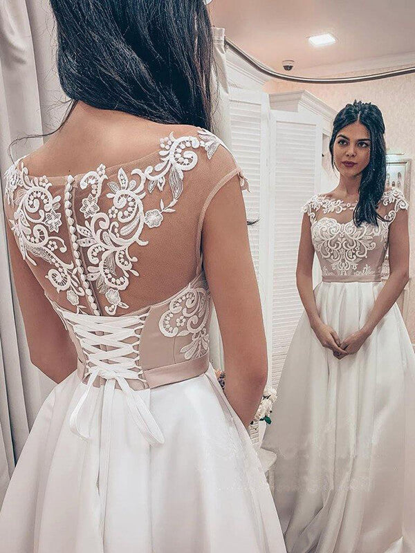 Vintage A-line Satin Lace Bodice Bateau Neck Corset Back Wedding Dresses, MW747 | cheap lace wedding dresses | a line wedding dresses | bridal gown | www.musebridals.com​