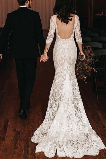 Vintage Mermaid Lace V-neck Boho Wedding Dresses With Chapel Train, MW686 | wedding gowns | bridal outfit | cheap lace wedding gown | www.musebridals.com