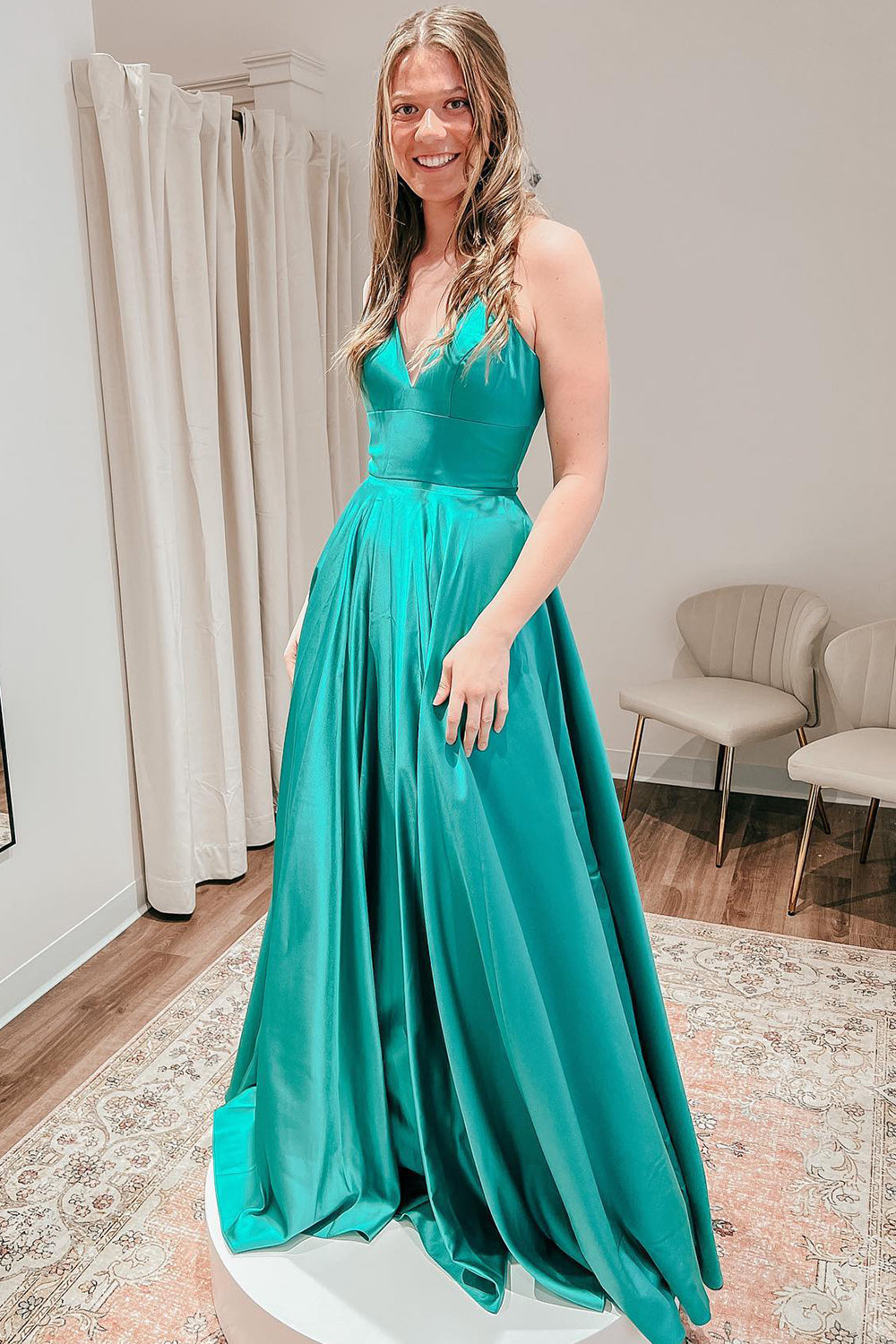 Roycebridal Rosie |A Line Spaghetti Straps Satin Prom Dress with Slit