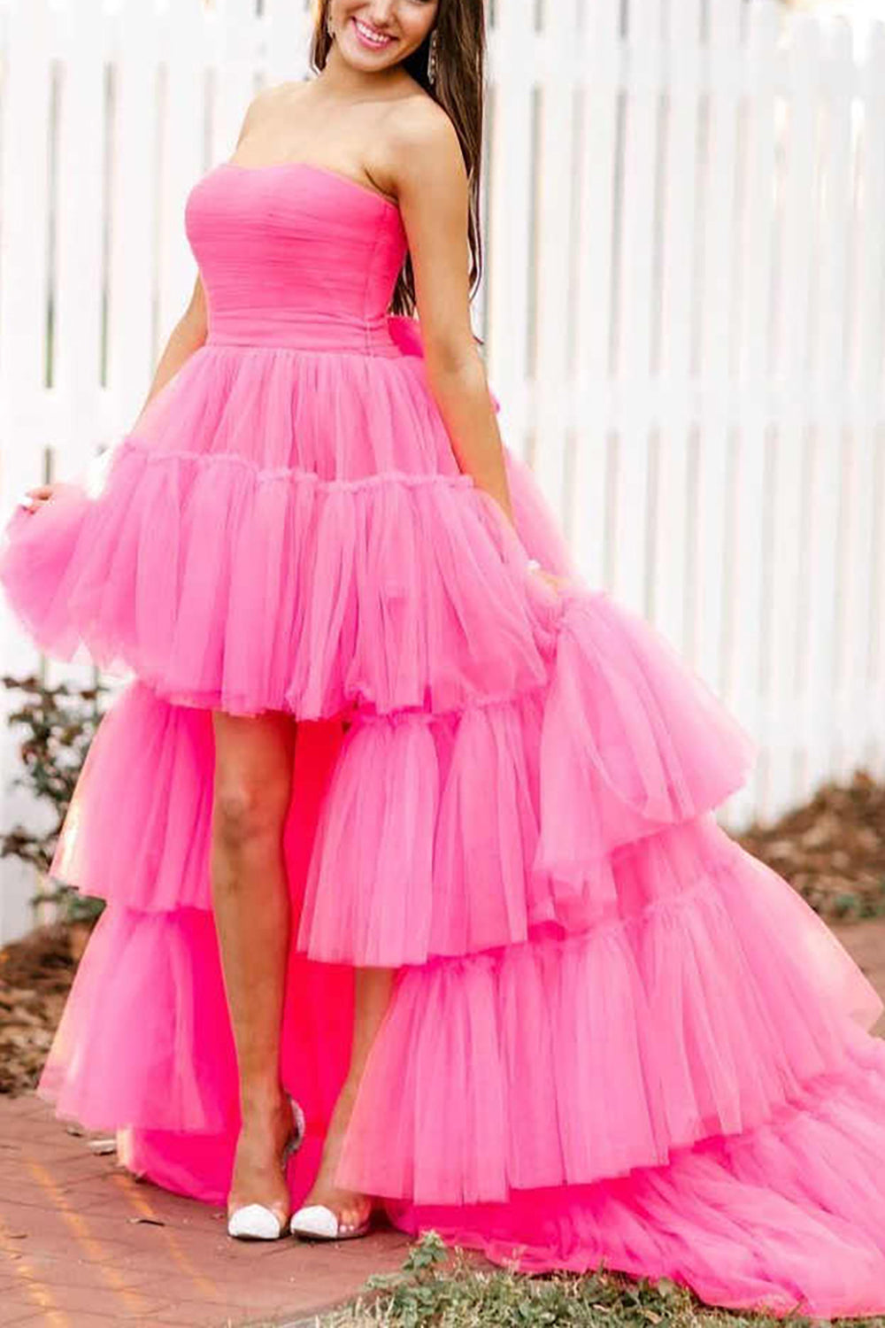 Roycebridal June |A-line High Low Strapless Tulle Prom Dress with Ruffles