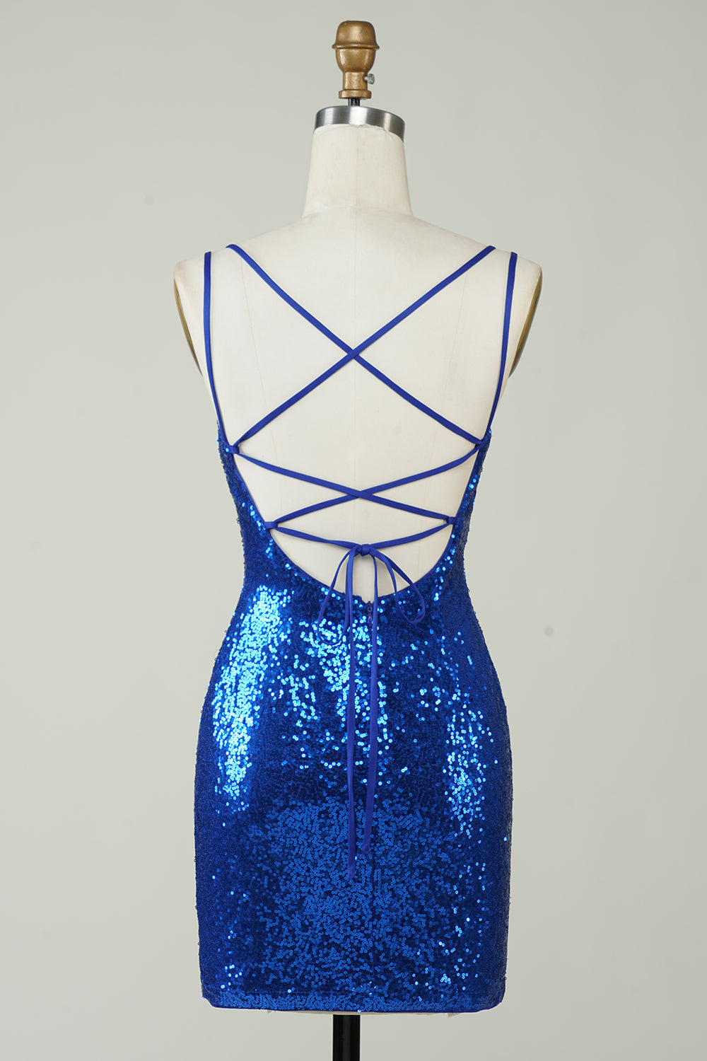 Royal Blue Sheath Spaghetti Straps Tight Sequins Backless Short Homecoming Dress