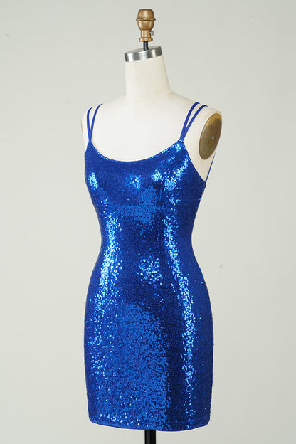 Royal Blue Sheath Spaghetti Straps Tight Sequins Backless Short Homecoming Dress