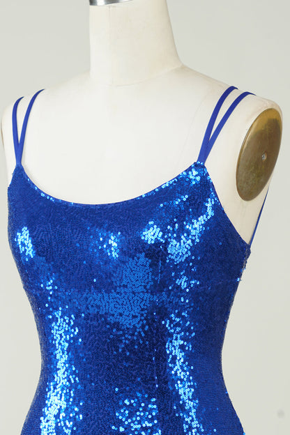 Royal Blue Sheath Spaghetti Straps Tight Sequins Backless Short Homecoming Dress