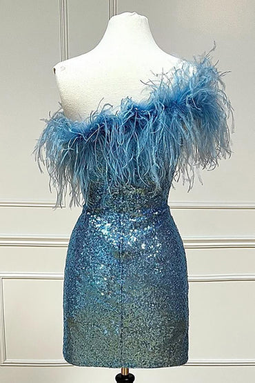 Florence | Light Blue Sparkly Tight Sequins Homecoming Dress with Feathers