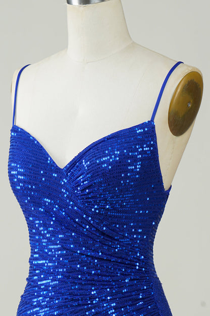 Sparkly Royal Blue Bodycon Spaghetti Straps Sequins Short Homecoming Dress