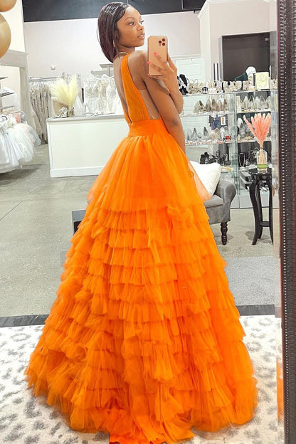 Roycebridal Reese |A-line Orange V-Neck Tulle Long Prom Dress