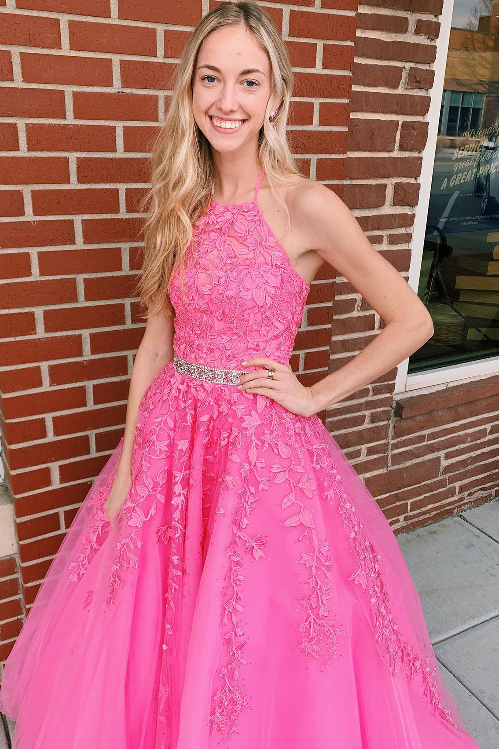 Roycebridal Nyla |A-line Hot Pink Halter Tulle Prom Dress With Appliques