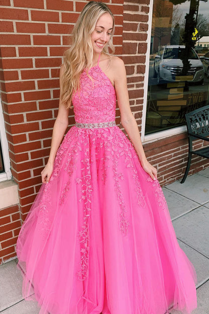 Roycebridal Nyla |A-line Hot Pink Halter Tulle Prom Dress With Appliques