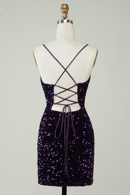 Sparkly Purple Sheath Backless Sequins Tight Short Homecoming Dress with Slit