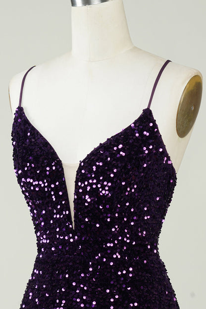 Sparkly Purple Sheath Backless Sequins Tight Short Homecoming Dress with Slit