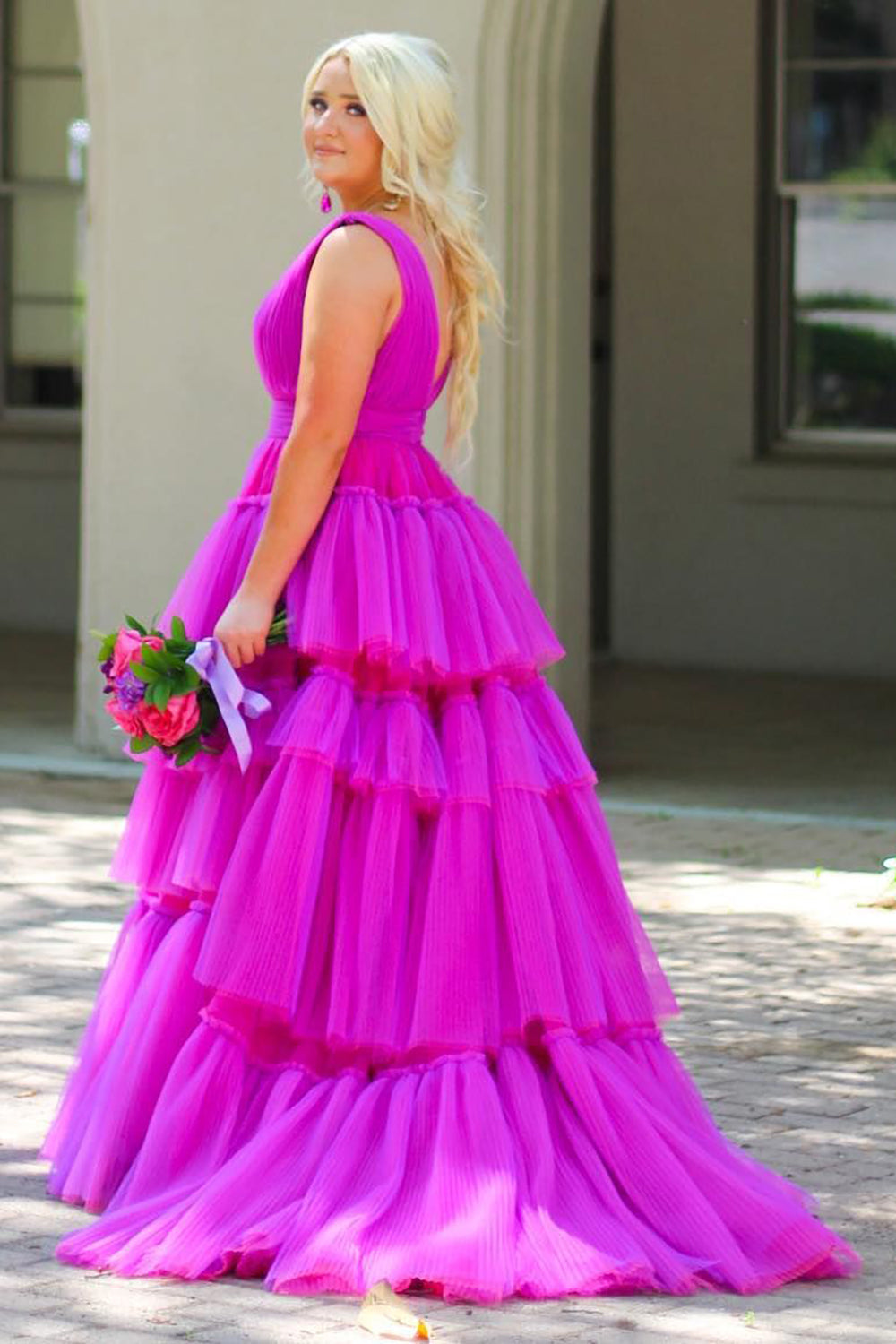 Roycebridal Giana |A-Line V Neck Tiered Tulle Prom Dress