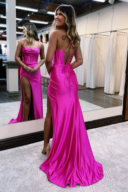 Roycebridal Hot Pink Spaghetti Straps Satin Mermaid Prom Dress with Slit