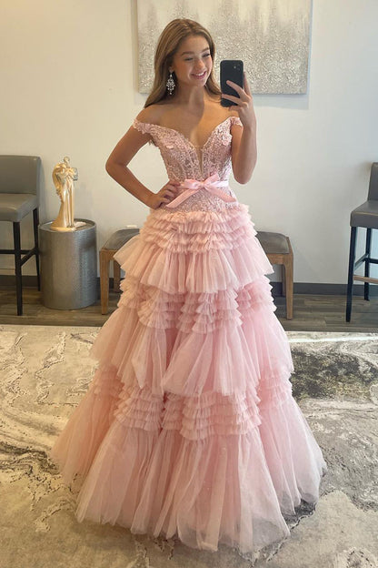 Roycebridal Princess A Line Off the Shoulder Light Pink Long Prom Dress with Ruffles