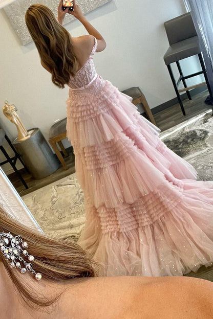 Roycebridal Princess A Line Off the Shoulder Light Pink Long Prom Dress with Ruffles