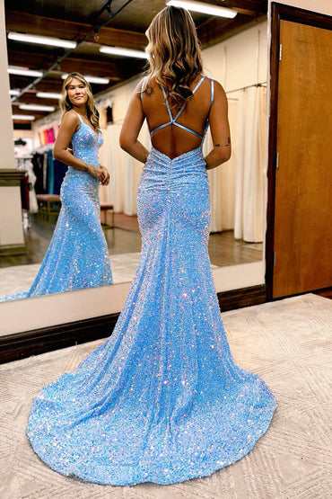 Roycebridal Maddison |Sparkly Blue Mermaid Sequins Long Backless Prom Dress